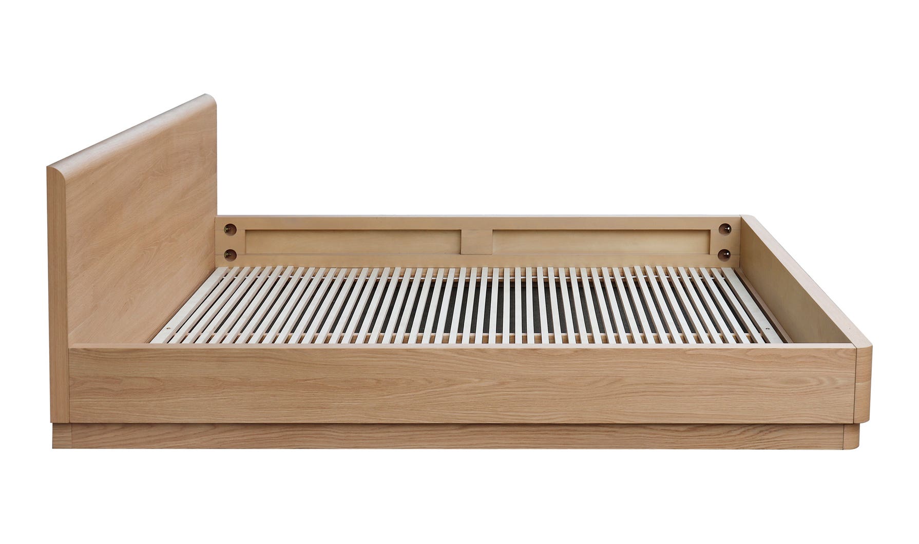 Wooden bed frame with slatted design on a white background