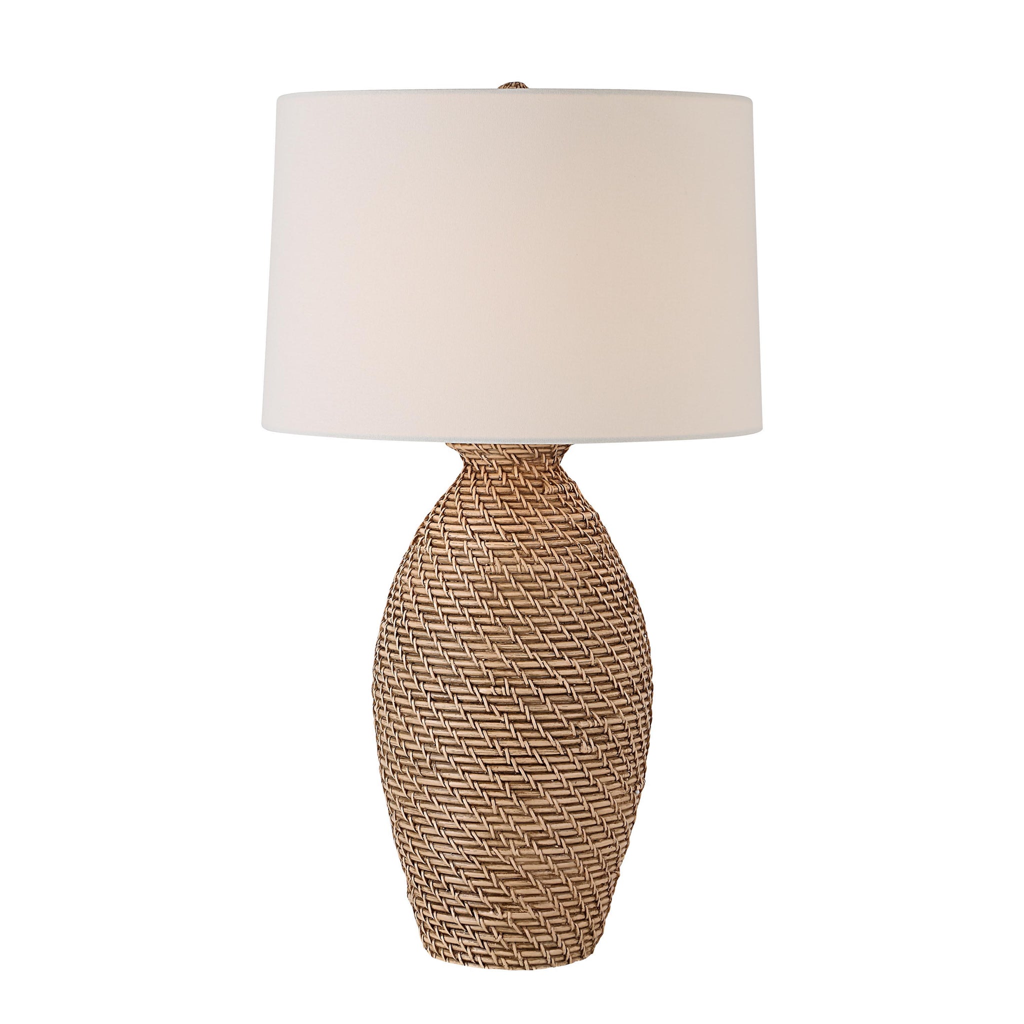 Santal Table Lamp by Renwil featuring a textured brown woven base and white shade