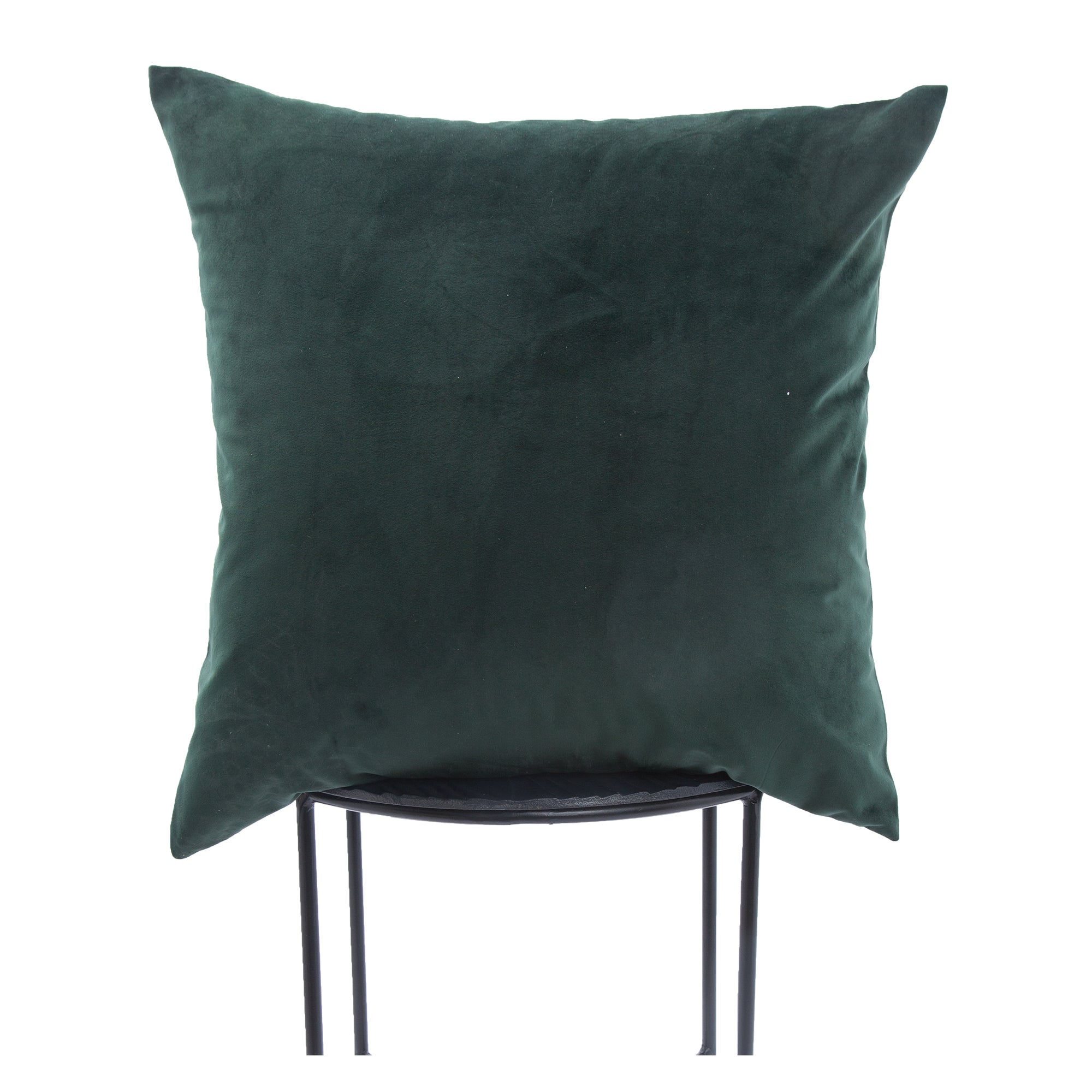 Bengal Indoor Pillow in dark green velvet, square shape, displayed on a black metal stand.