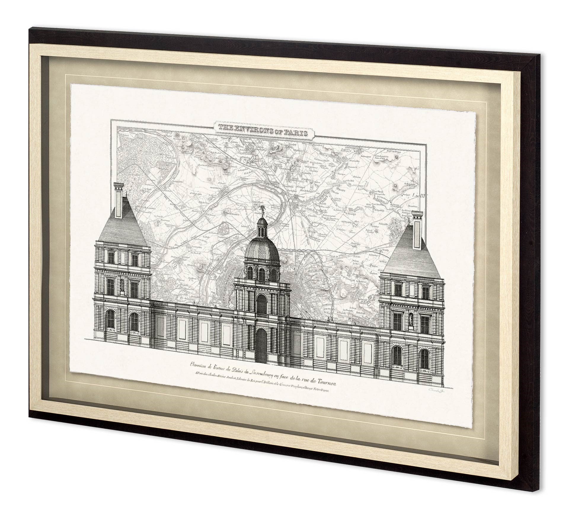Framed architectural drawing of a building with a map in the background