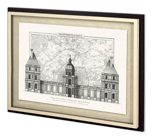 Framed architectural drawing of a building with a map in the background