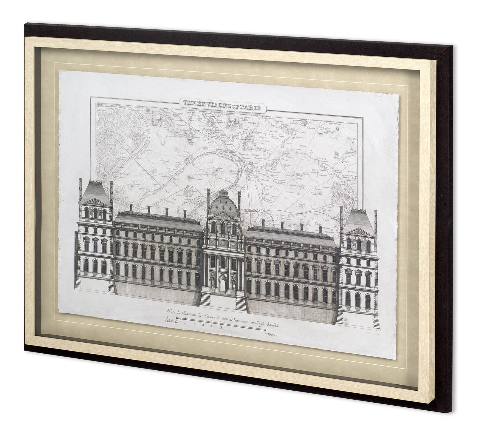Framed architectural drawing of a large building on a white background