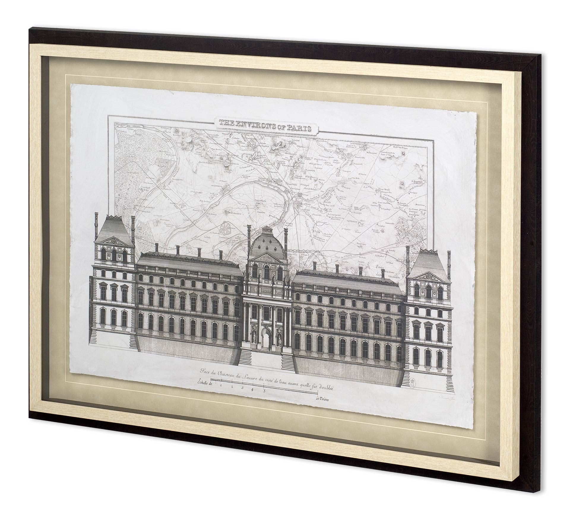 Framed architectural drawing of a large building on a white background