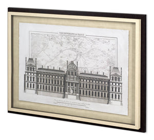 Framed architectural drawing of a large building on a white background