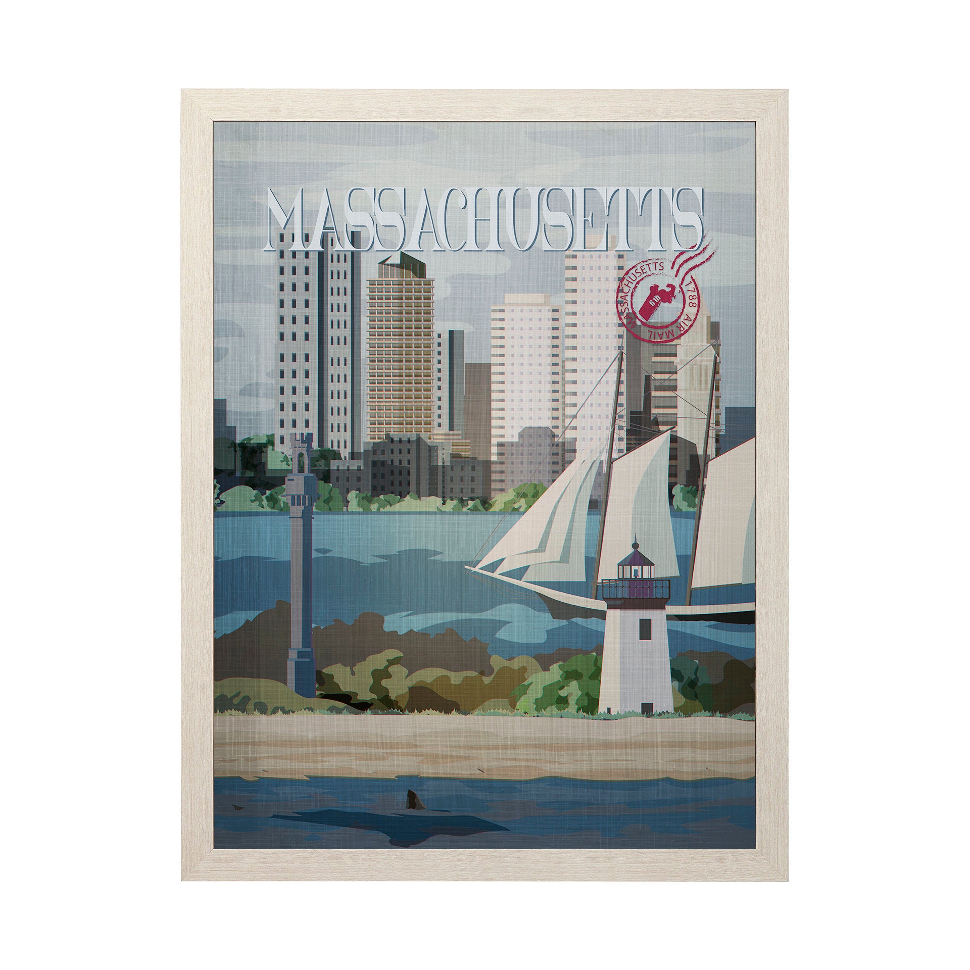 Framed artwork of a cityscape with sailboats and a lighthouse, featuring the word 'Massachusetts'.