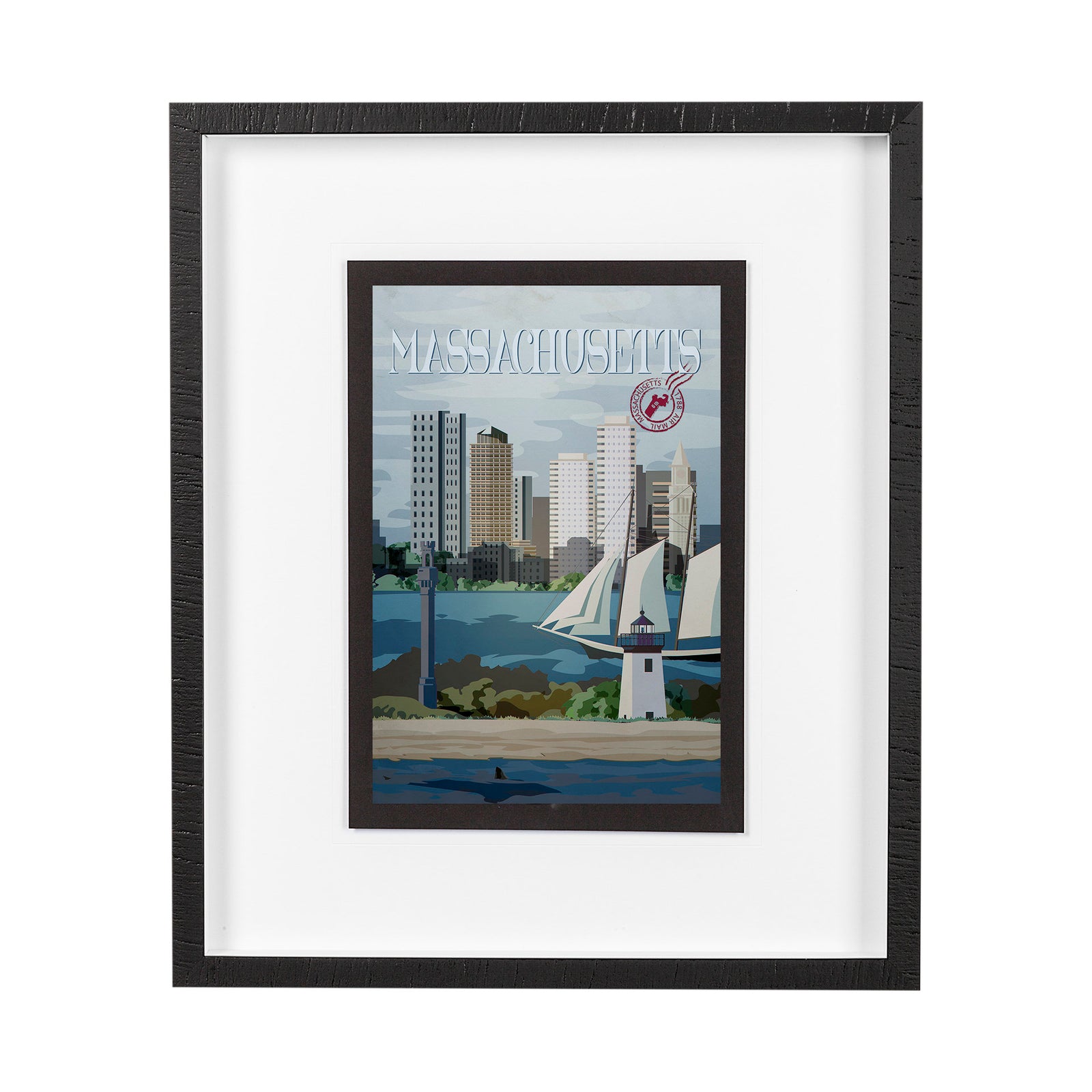 Framed artwork of a cityscape with sailboats and 'Massachusetts' text.