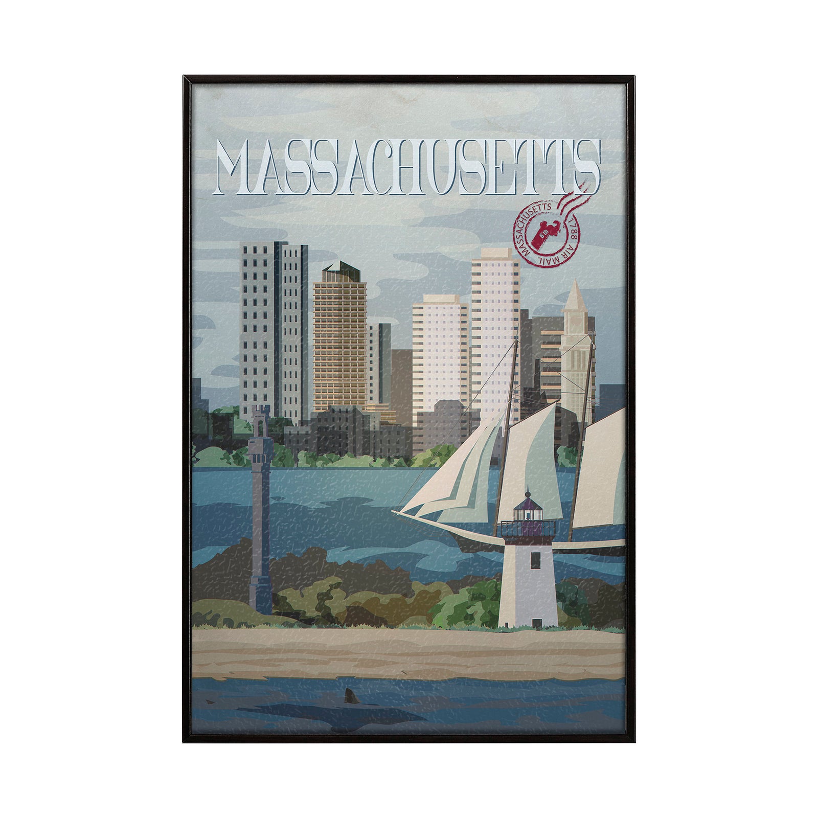 Framed artwork of a cityscape with sailboats and 'Massachusetts' text.