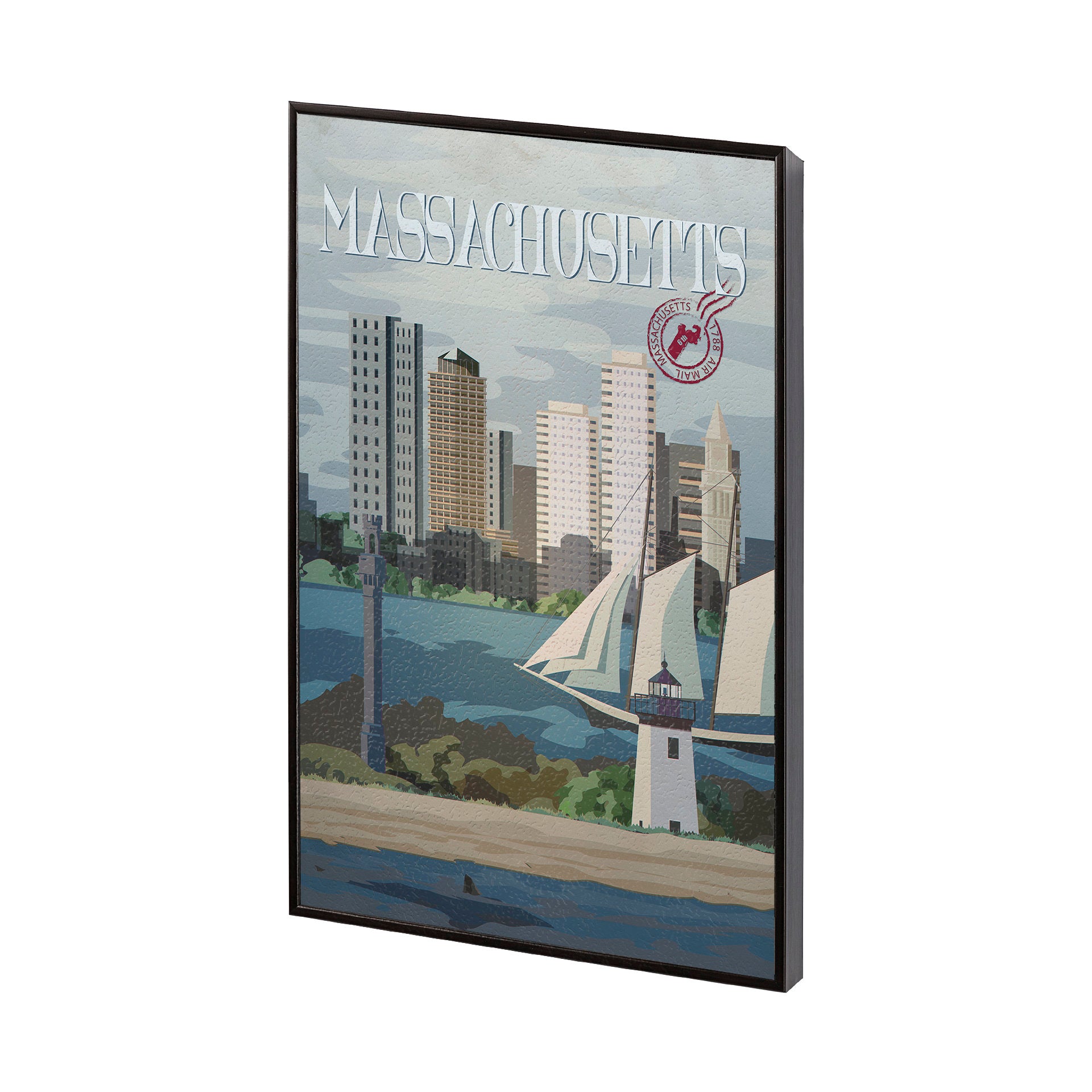 Framed artwork of a cityscape with a sailboat and lighthouse, labeled 'Massachusetts'.