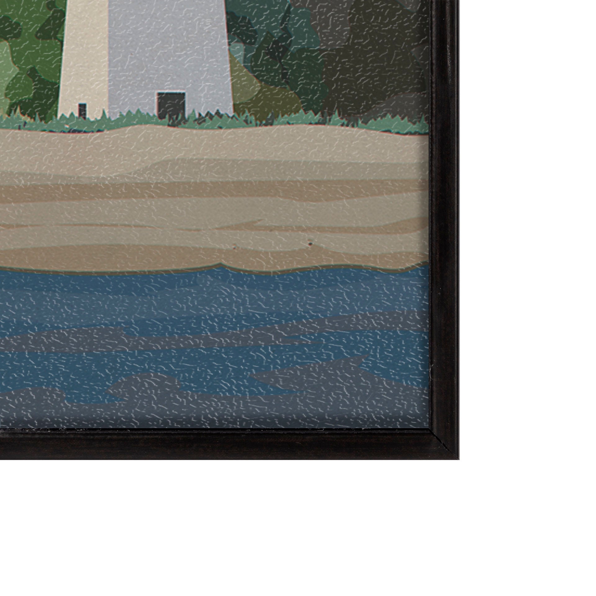 Framed artwork of a lighthouse by a body of water with a black frame.
