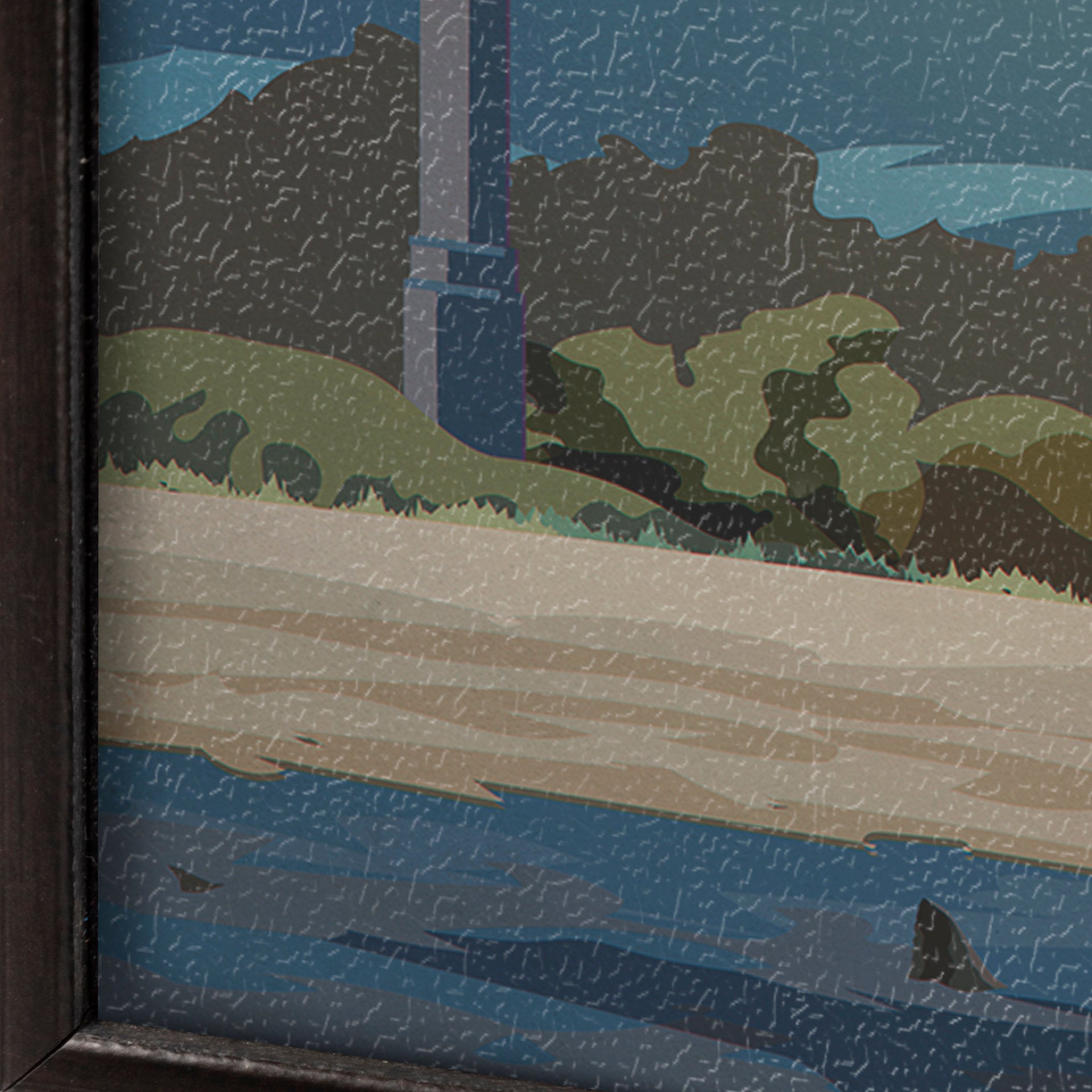 Artistic depiction of a landscape with a road, trees, and a building.