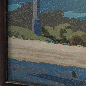 Artistic depiction of a landscape with a road, trees, and a building.