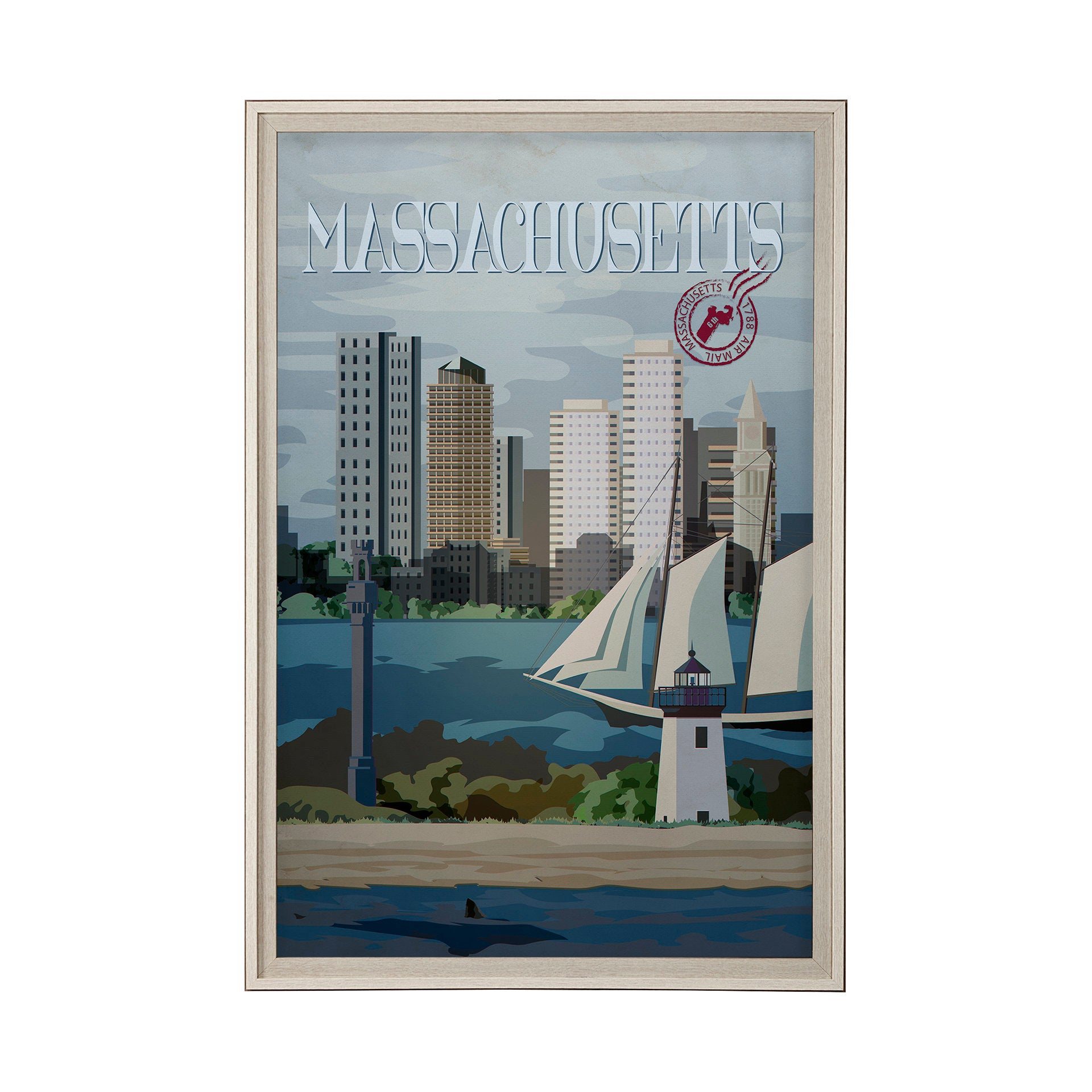 Framed artwork of a cityscape with a lighthouse and 'Massachusetts' text.