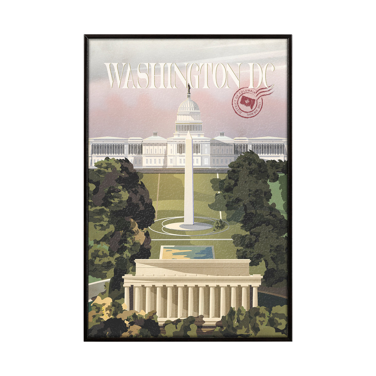 Framed artwork of Washington DC with a view of the Lincoln Memorial and Washington Monument.