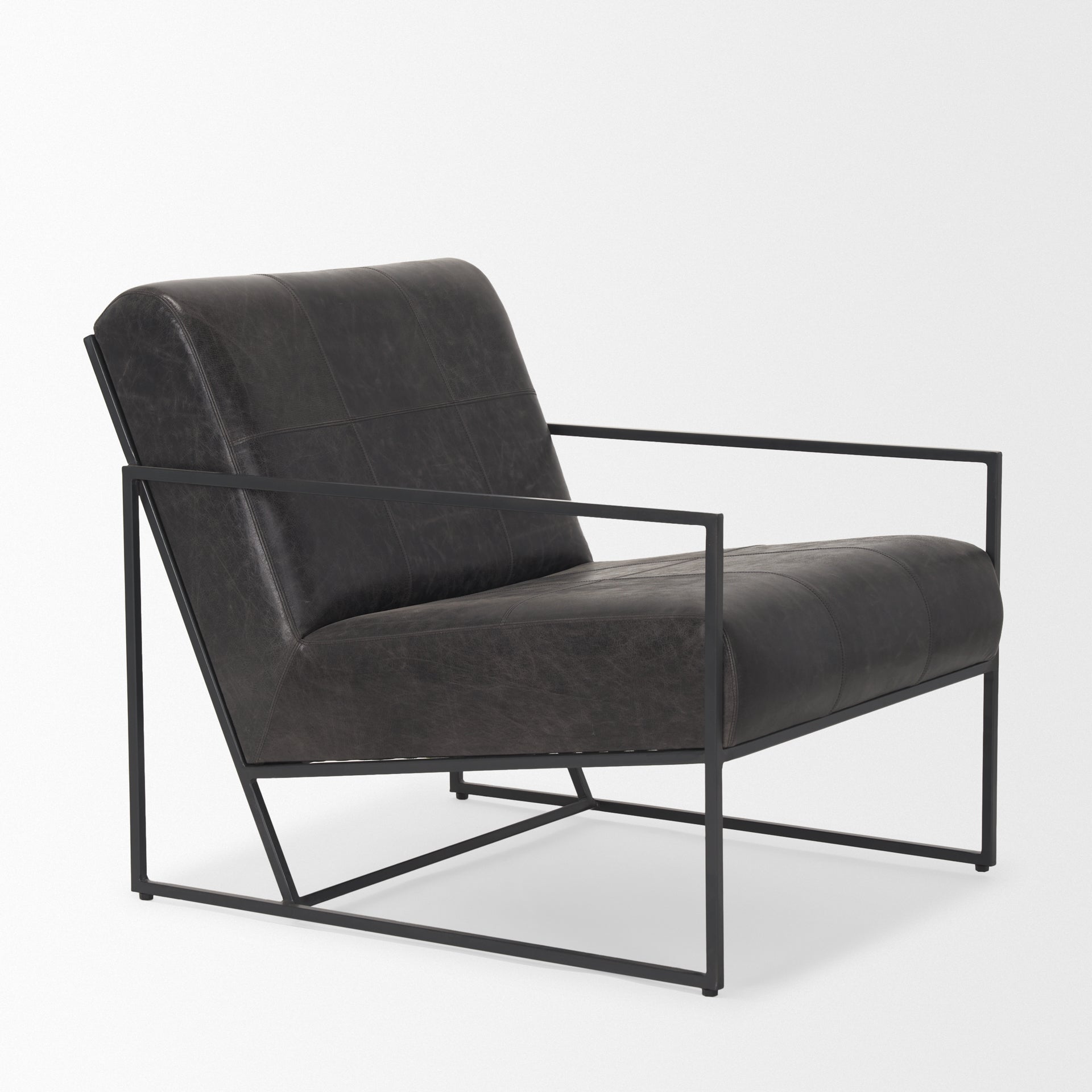 Stratton Gunmetal w/ Genuine Aged Black Leather Upholstered Accent Chair