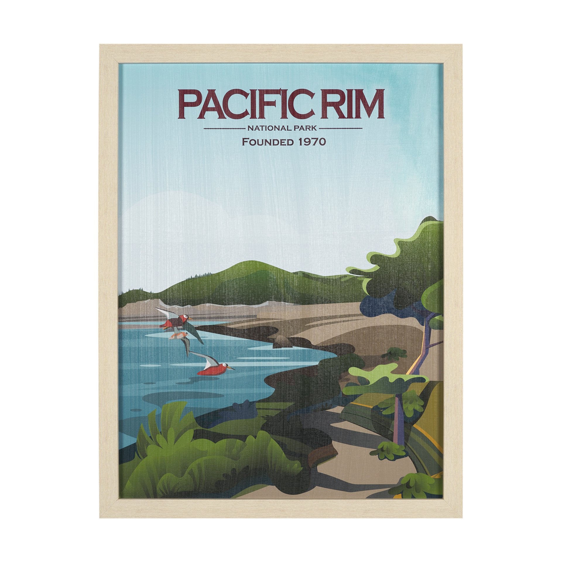 Poster of Pacific Rim National Park with a scenic illustration and text.