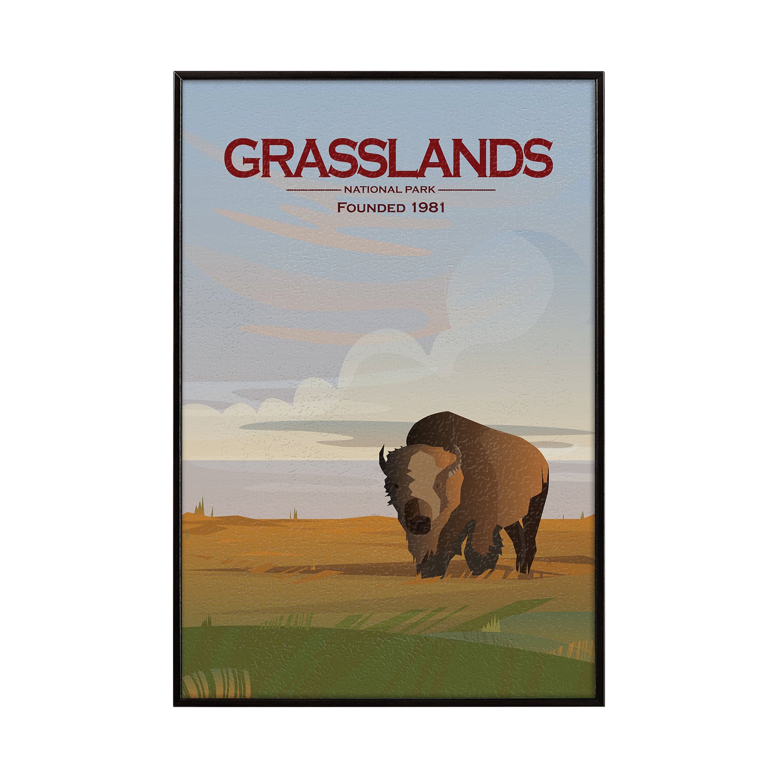 Poster of a bison in a grassland with 'Grasslands National Park' text.