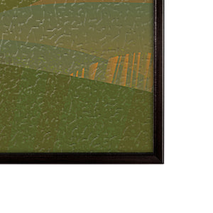 Abstract art piece with green and brown colors on a textured surface.