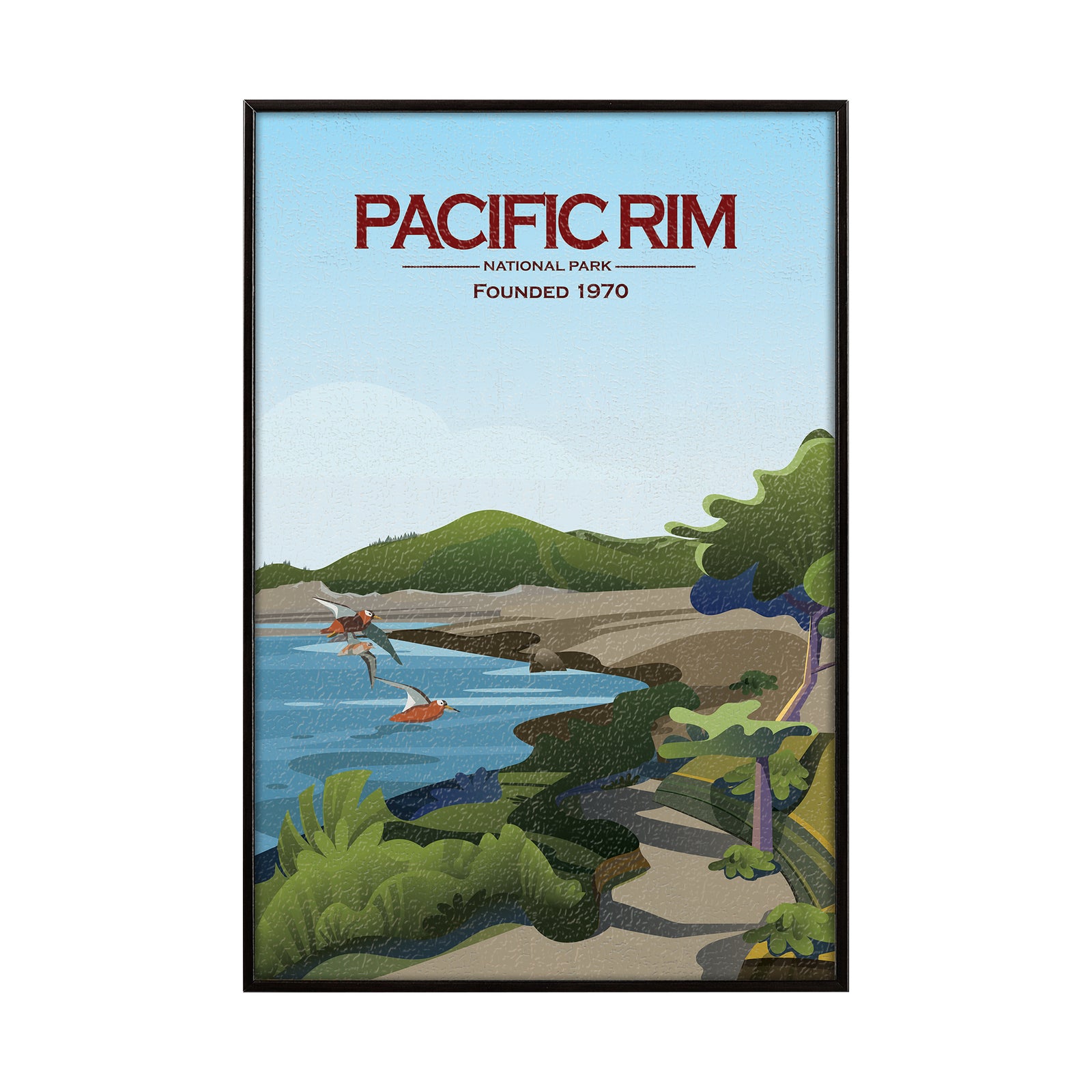 Poster of Pacific Rim National Park with a scenic illustration and text.