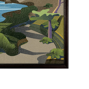 Artistic depiction of a landscape with trees and a path, framed in black.
