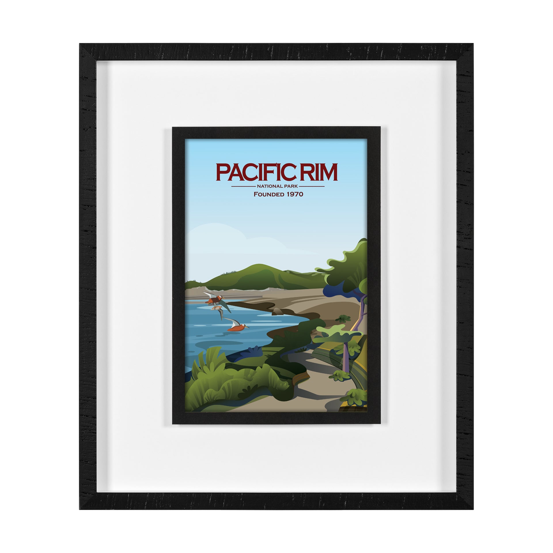 Framed artwork of a coastal scene with 'Pacific Rim' text on a white background