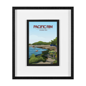 Framed artwork of a coastal scene with 'Pacific Rim' text on a white background