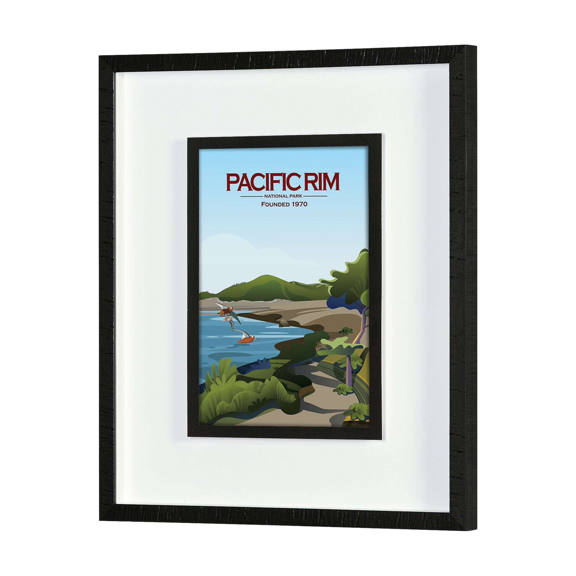 Framed artwork of Pacific Rim National Park with a black frame and white mat.