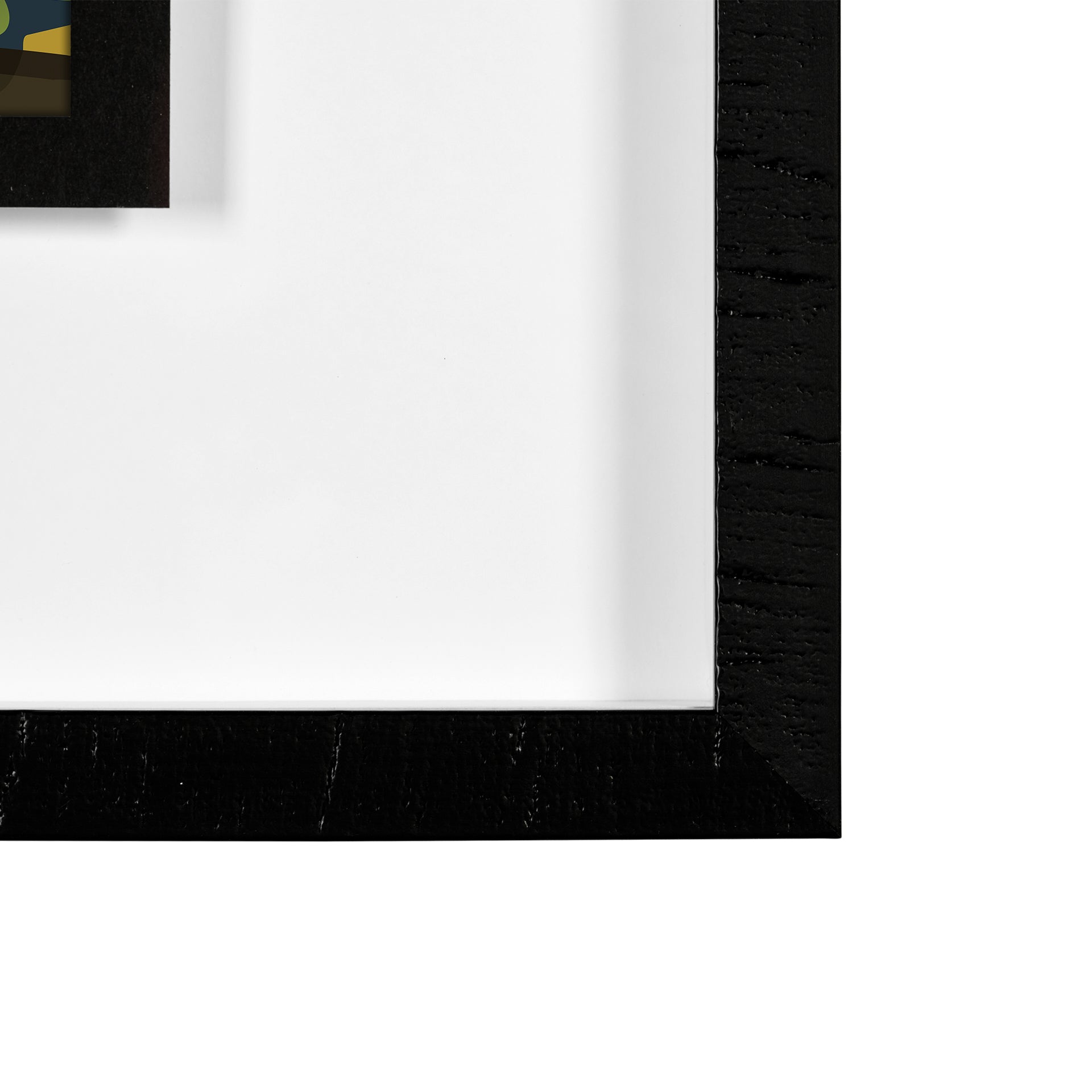 Close-up of a black picture frame corner on a white background