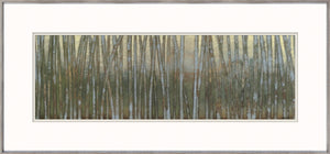 Birches At Sunset, a framed wall art featuring tall, slender birch trees in muted green and brown tones against a soft background.