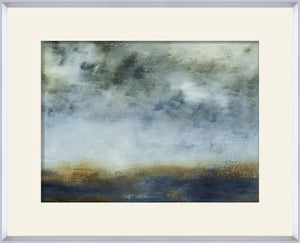 Water I wall art featuring abstract blue and gold tones in a silver frame