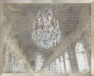 Hall Of Mirrors wall art featuring a chandelier and vintage script background