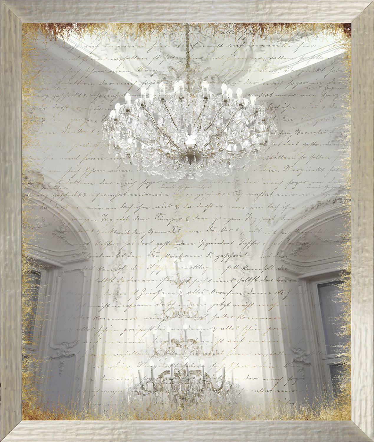Scripted Chandelier featuring a crystal chandelier against a textured background with handwritten script and a gold border.