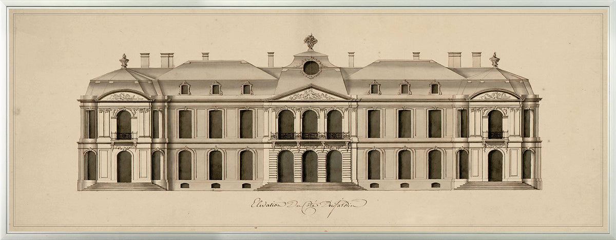 Chateau De Marguisat De La Lalonde wall art featuring a detailed architectural illustration in sepia tones.