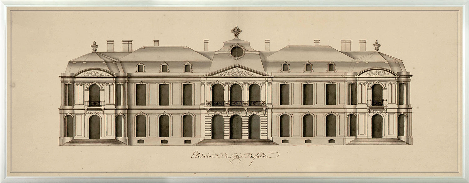 Chateau De Marguisat De La Lalonde wall art featuring a detailed architectural illustration in sepia tones.