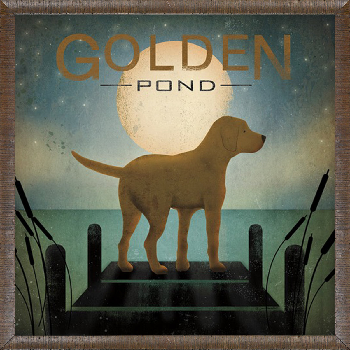 Moonrise – Yellow Dog wall art featuring a silhouette of a yellow dog by a pond under a full moon.