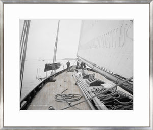 Deck Of Mayflower wall art featuring a black and white photo of a sailing ship's deck.