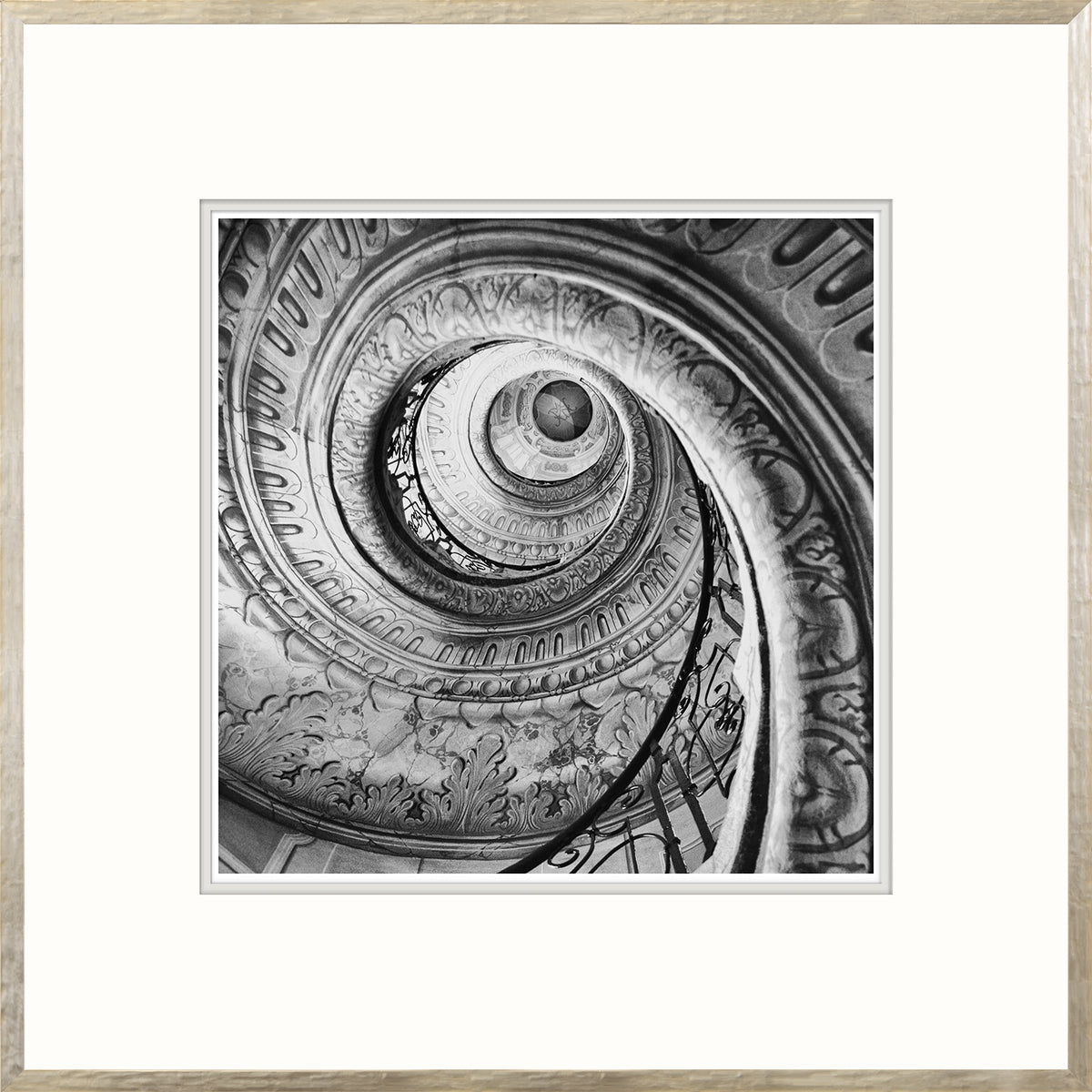 Spiral Stair II wall art featuring a black and white spiral staircase with ornate details.