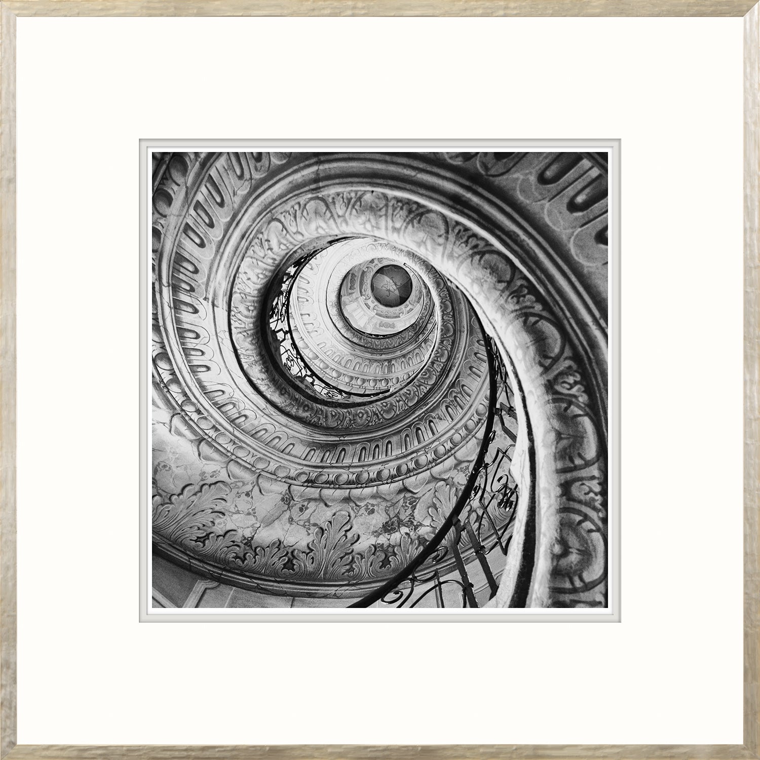 Spiral Stair II wall art featuring a black and white spiral staircase with ornate details.