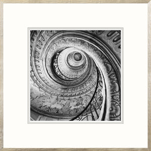Spiral Stair II wall art featuring a black and white spiral staircase with ornate details.