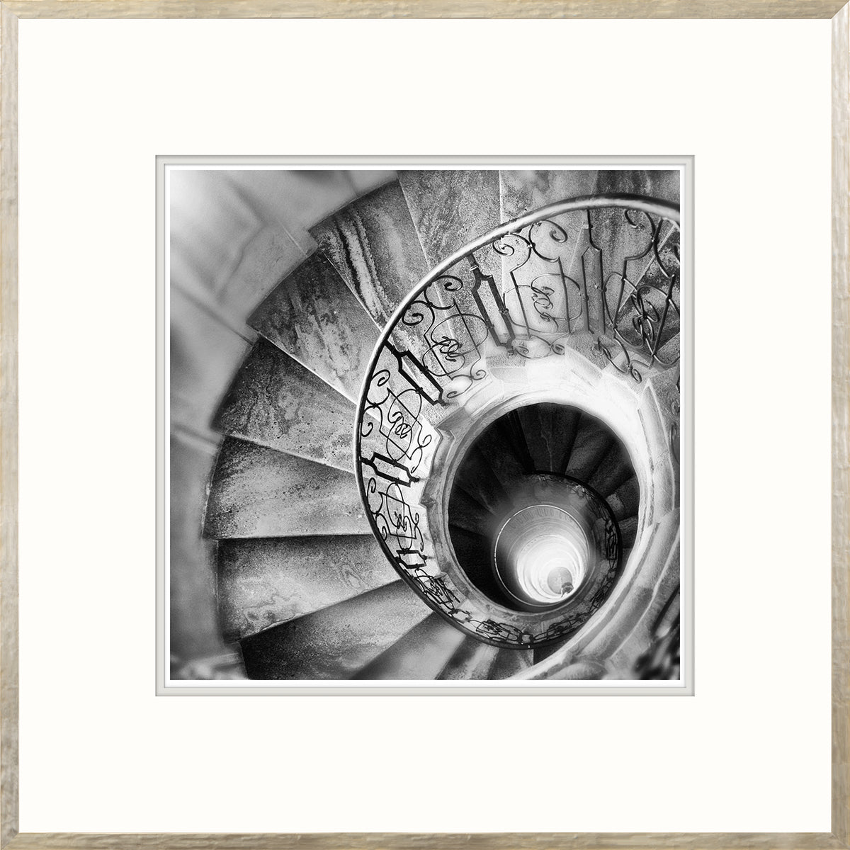 Spiral Stair I wall art featuring a black and white spiral staircase with ornate railing.