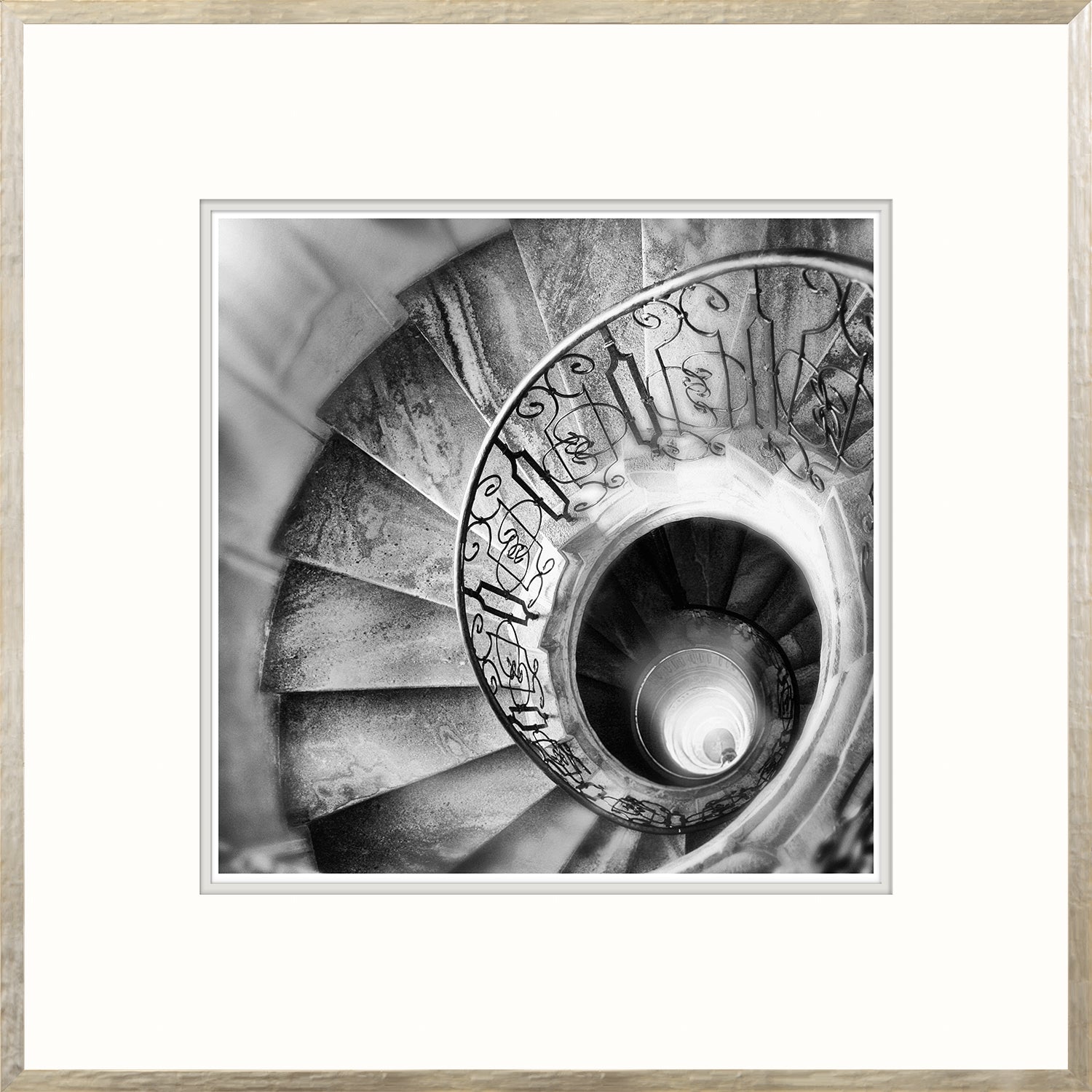Spiral Stair I wall art featuring a black and white spiral staircase with ornate railing.