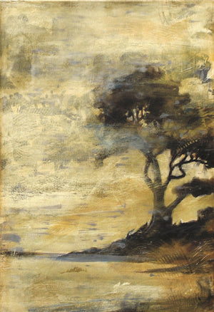 Toille Landscape I wall art illustrating a tranquil landscape with a single tree in warm tones.