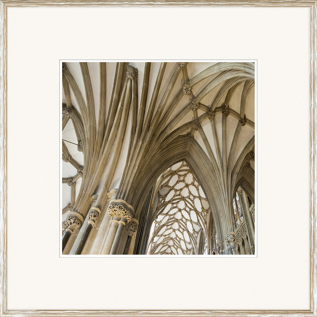 Ancient Ceilings I wall art featuring intricate stone arches and detailed carvings in neutral tones.