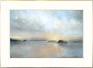 Water I wall art depicting a serene sunset over water in soft pastel colors