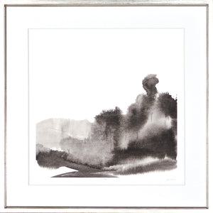 Ancient Landscape I wall art featuring abstract black and gray landscape design on white background.
