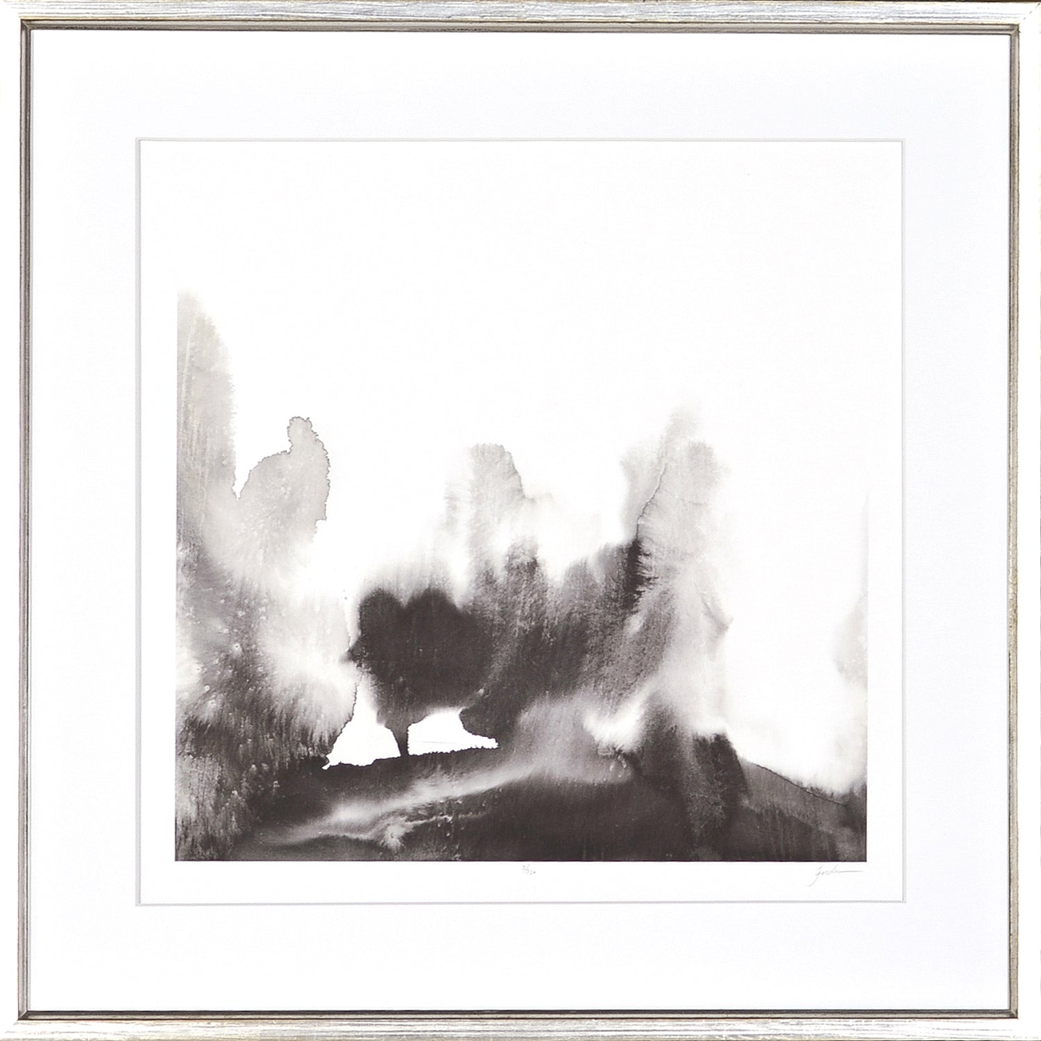 Ancient Landscape III wall art featuring abstract black and gray landscape on white background.