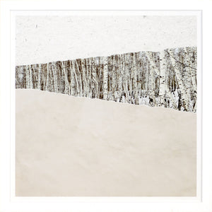 Birches At Sunset wall art with a minimalist design of birch trees against a beige background.