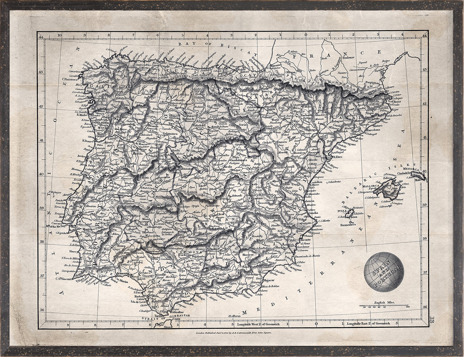 front view of MAP ARROWSMITH, SPAIN & PORTUGAL 1825 luxury Artwork