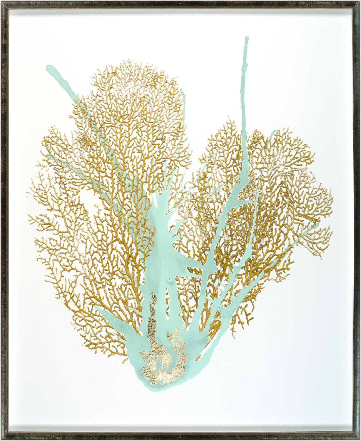 Spa Coral IV wall art featuring gold and turquoise coral design on a white background