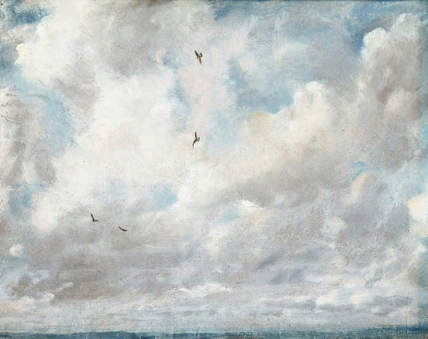 Constable – Sea & Sky, a serene painting of a cloudy sky with soft blue and gray tones, featuring distant birds.