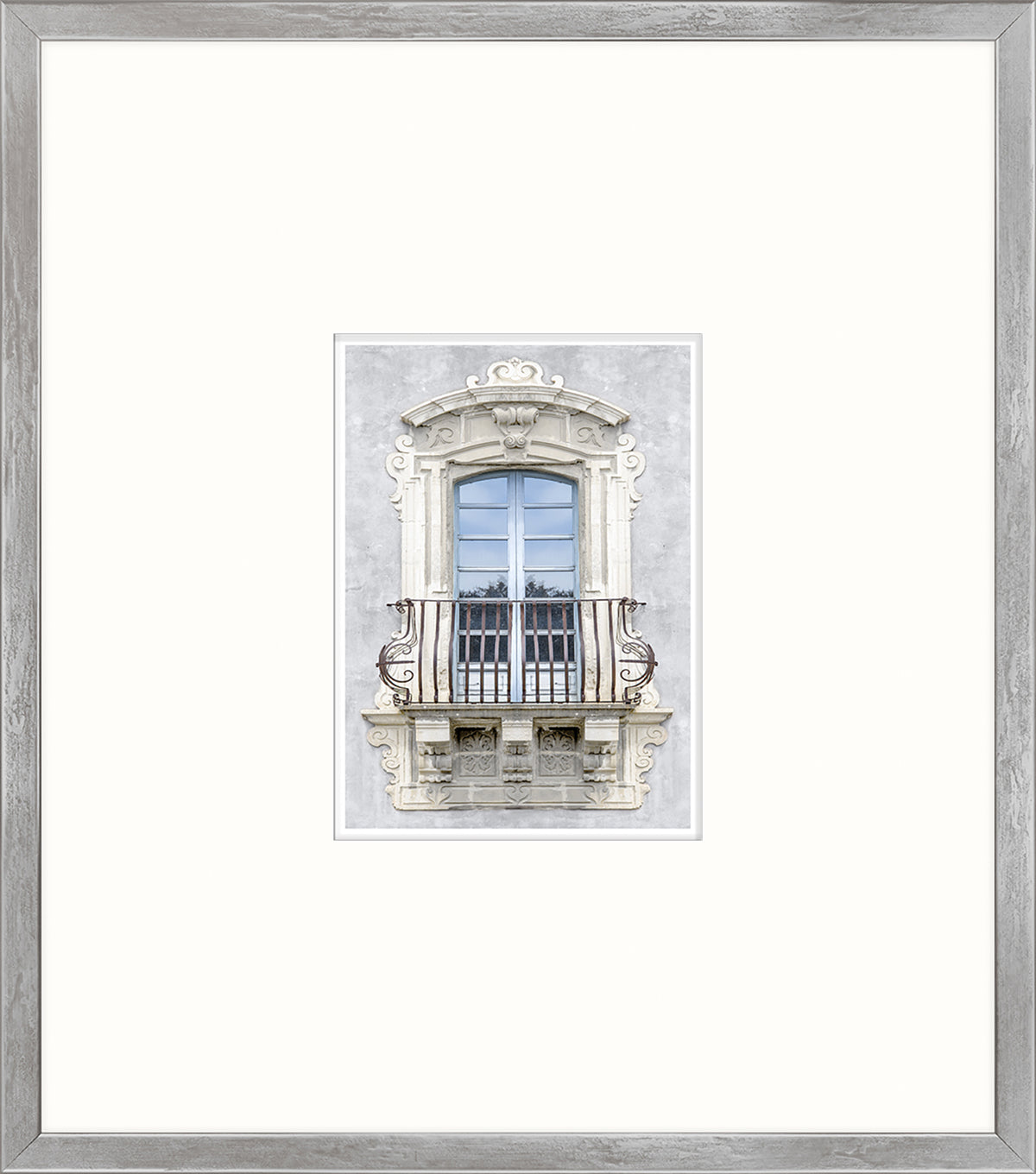 Pastel Revival Series II wall art featuring a decorative window with a gray wall and intricate details.